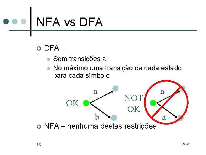 NFA vs DFA ¢ DFA l l Sem transições No máximo uma transição de