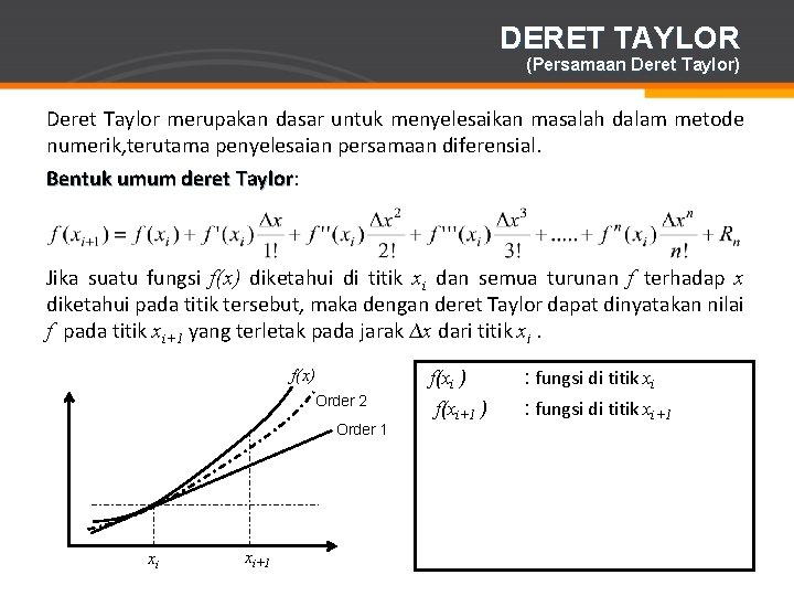 DERET TAYLOR (Persamaan Deret Taylor) Deret Taylor merupakan dasar untuk menyelesaikan masalah dalam metode