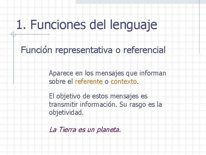 1. Funciones del lenguaje Función representativa o referencial Aparece en los mensajes que informan 1. Funciones del lenguaje Función representativa o referencial Aparece en los mensajes que informan