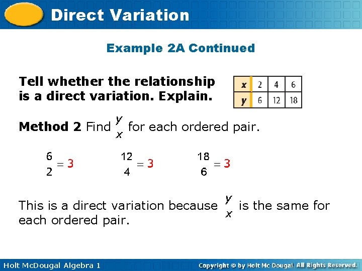 Direct Variation Example 2 A Continued Tell whether the relationship is a direct variation.