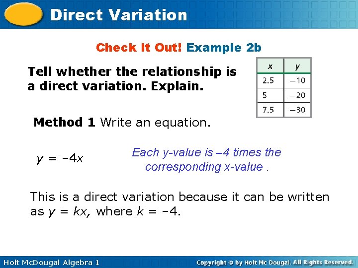 Direct Variation Check It Out! Example 2 b Tell whether the relationship is a