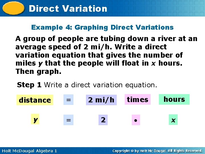 Direct Variation Example 4: Graphing Direct Variations A group of people are tubing down