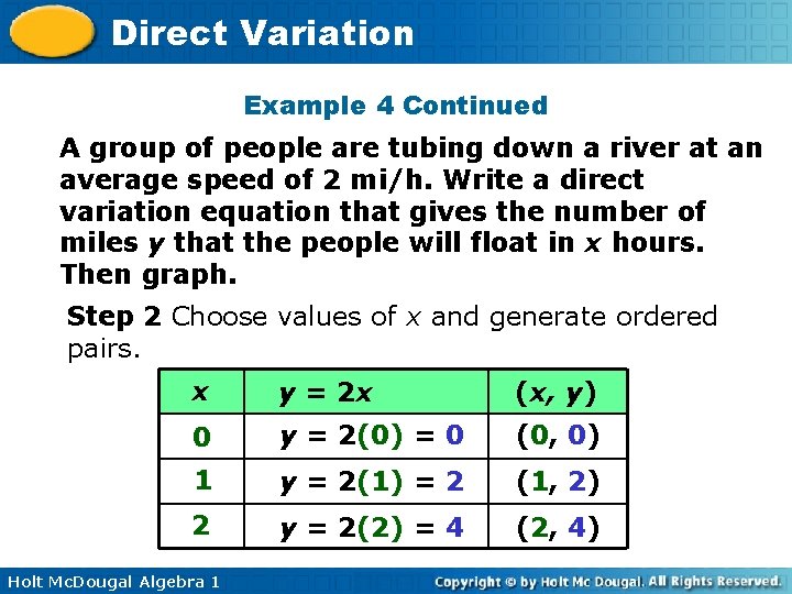 Direct Variation Example 4 Continued A group of people are tubing down a river