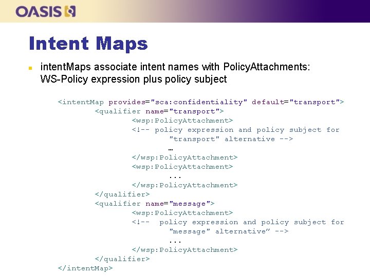 Intent Maps n intent. Maps associate intent names with Policy. Attachments: WS-Policy expression plus