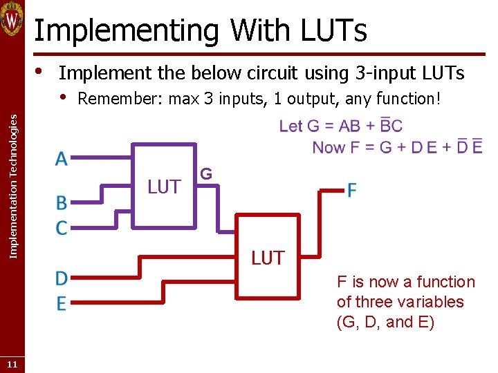 Implementing With LUTs Implementation Technologies • Implement the below circuit using 3 -input LUTs
