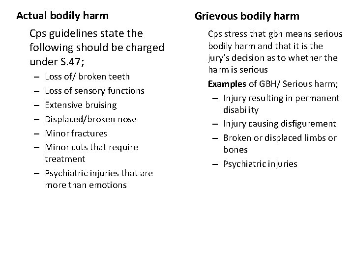 Actual bodily harm Cps guidelines state the following should be charged under S. 47;