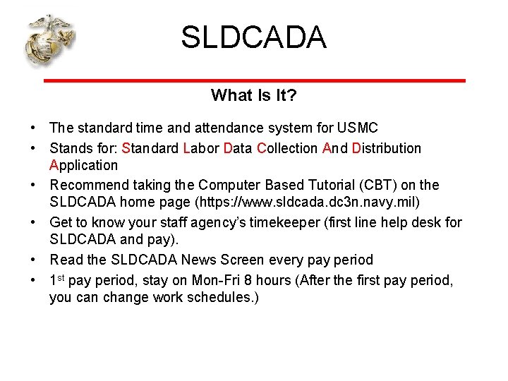 SLDCADA What Is It? • The standard time and attendance system for USMC •