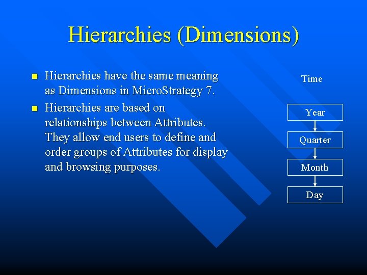 Hierarchies (Dimensions) n n Hierarchies have the same meaning as Dimensions in Micro. Strategy