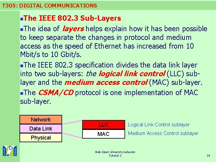 T 305: DIGITAL COMMUNICATIONS The IEEE 802. 3 Sub-Layers n. The idea of layers T 305: DIGITAL COMMUNICATIONS The IEEE 802. 3 Sub-Layers n. The idea of layers
