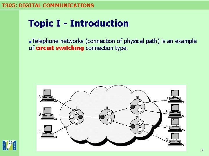 T 305: DIGITAL COMMUNICATIONS Topic I - Introduction Telephone networks (connection of physical path) T 305: DIGITAL COMMUNICATIONS Topic I - Introduction Telephone networks (connection of physical path)