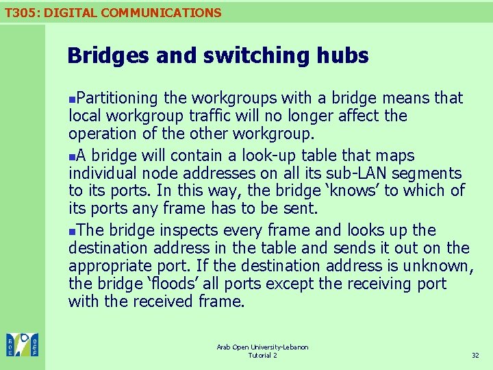 T 305: DIGITAL COMMUNICATIONS Bridges and switching hubs Partitioning the workgroups with a bridge T 305: DIGITAL COMMUNICATIONS Bridges and switching hubs Partitioning the workgroups with a bridge