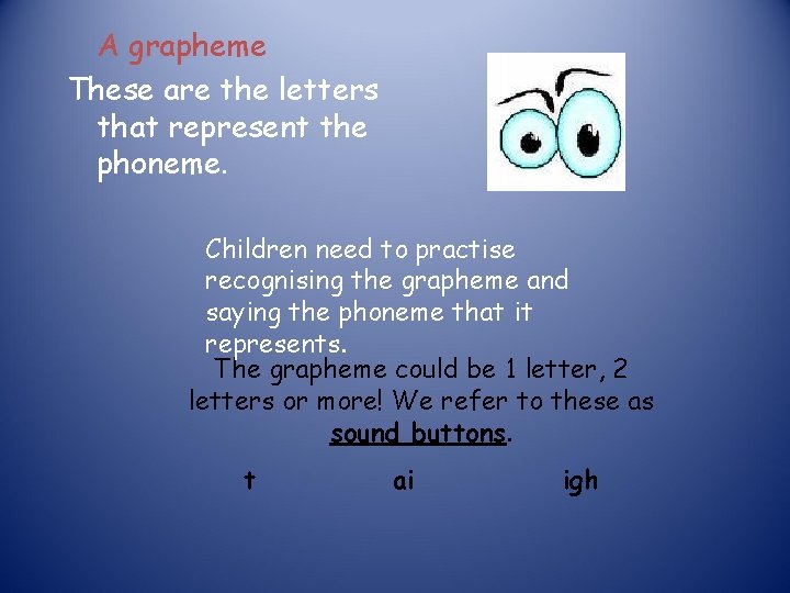 A grapheme These are the letters that represent the phoneme. Children need to practise A grapheme These are the letters that represent the phoneme. Children need to practise