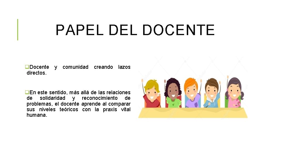 PAPEL DOCENTE q. Docente y comunidad creando lazos directos. q. En este sentido, más PAPEL DOCENTE q. Docente y comunidad creando lazos directos. q. En este sentido, más