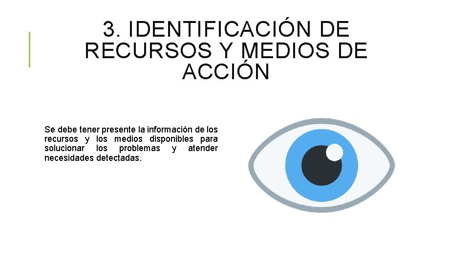 3. IDENTIFICACIÓN DE RECURSOS Y MEDIOS DE ACCIÓN Se debe tener presente la información 3. IDENTIFICACIÓN DE RECURSOS Y MEDIOS DE ACCIÓN Se debe tener presente la información