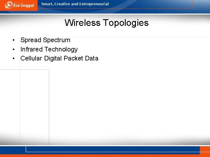 Wireless Topologies • Spread Spectrum • Infrared Technology • Cellular Digital Packet Data 