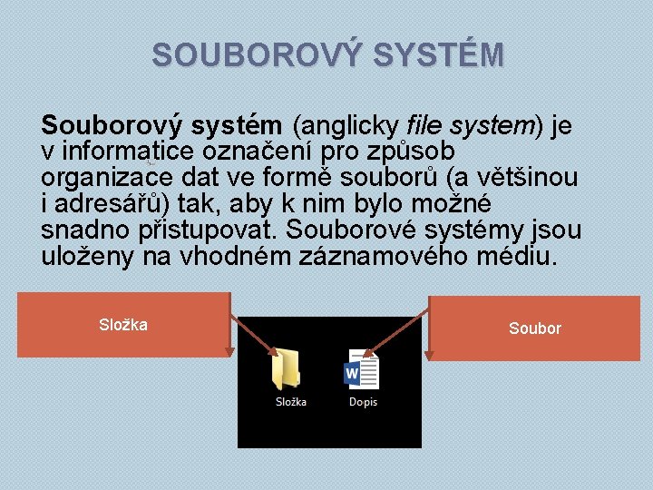 SOUBOROVÝ SYSTÉM Souborový systém (anglicky file system) je v informatice označení pro způsob organizace