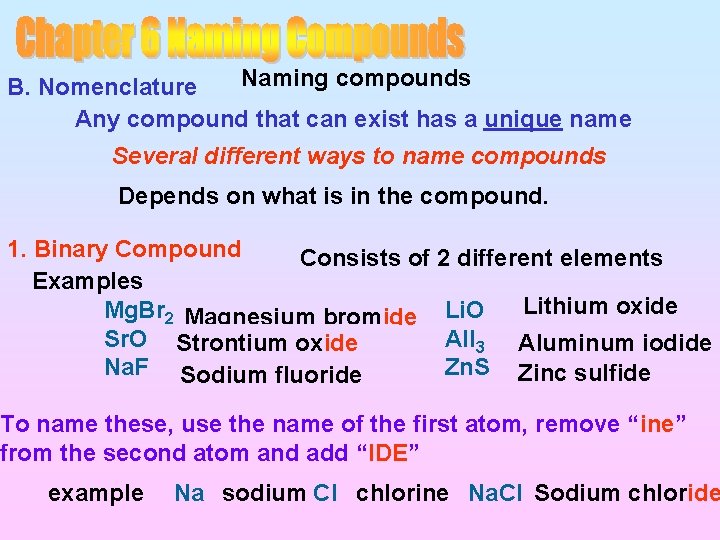 Naming compounds B. Nomenclature Any compound that can exist has a unique name Several