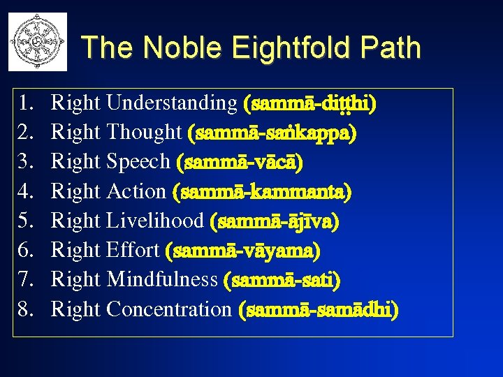 The Noble Eightfold Path 1. 2. 3. 4. 5. 6. 7. 8. Right Understanding