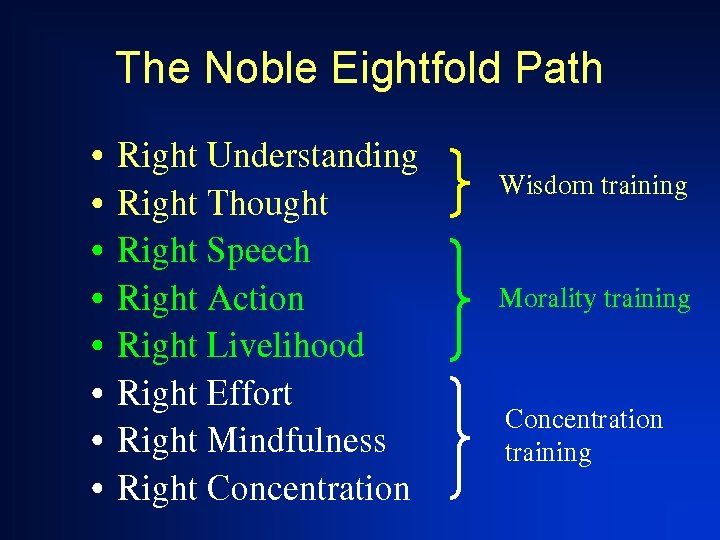 The Noble Eightfold Path • • Right Understanding Right Thought Right Speech Right Action