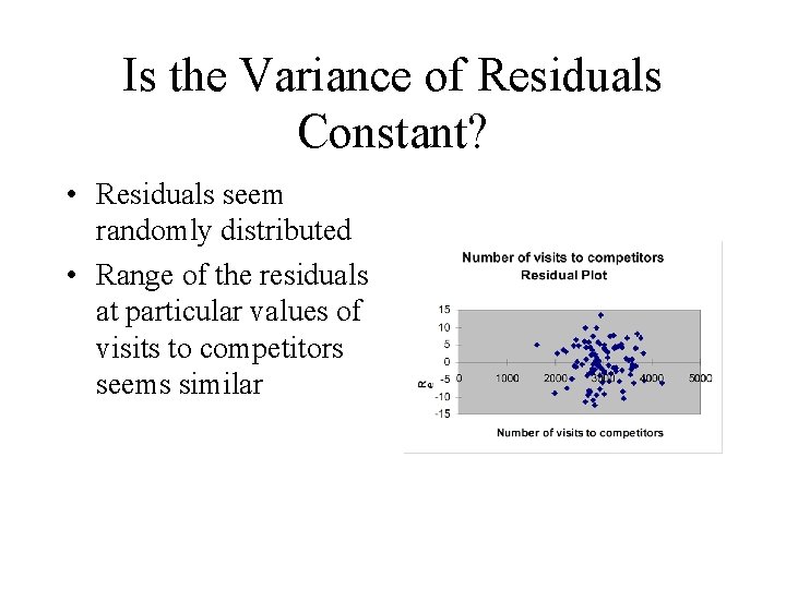 Is the Variance of Residuals Constant? • Residuals seem randomly distributed • Range of
