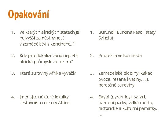 Opakování 1. Ve kterých afrických státech je nejvyšší zaměstnanost v zemědělství z kontinentu? 1.