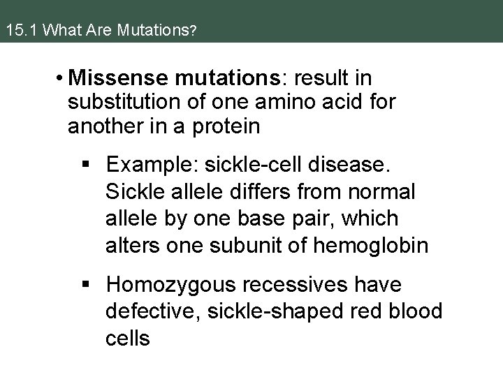 15. 1 What Are Mutations? • Missense mutations: result in substitution of one amino