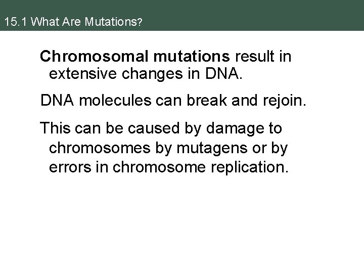 15. 1 What Are Mutations? Chromosomal mutations result in extensive changes in DNA molecules