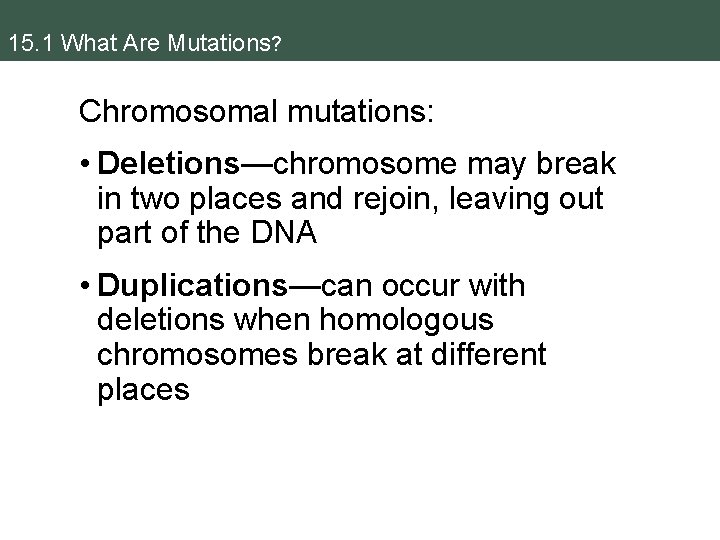 15. 1 What Are Mutations? Chromosomal mutations: • Deletions—chromosome may break in two places