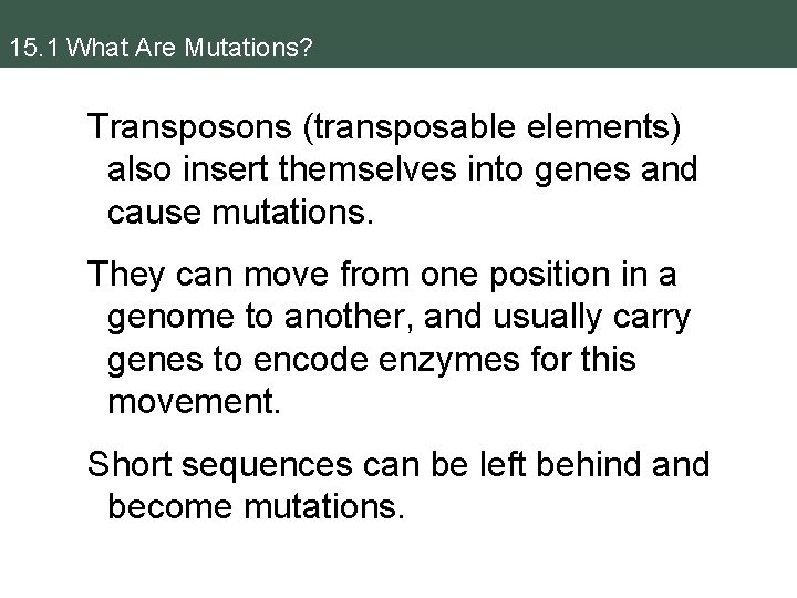 15. 1 What Are Mutations? Transposons (transposable elements) also insert themselves into genes and
