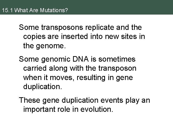15. 1 What Are Mutations? Some transposons replicate and the copies are inserted into
