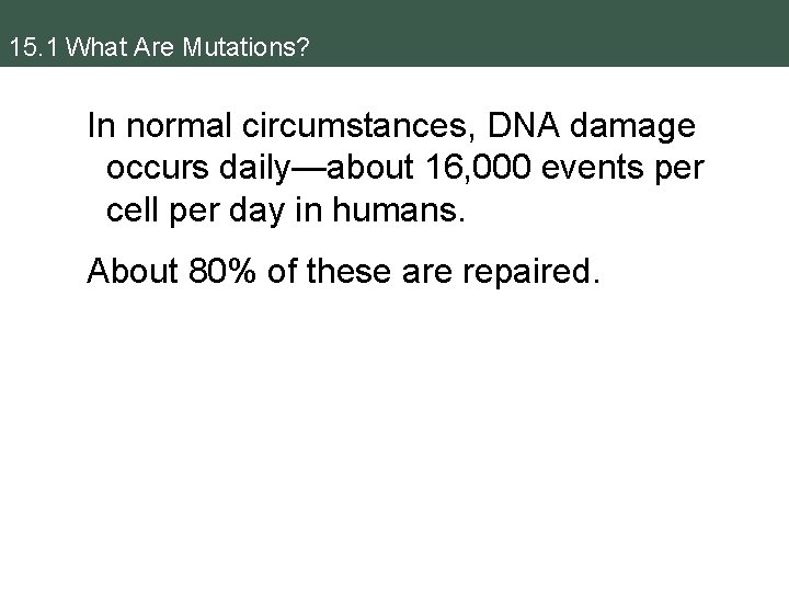15. 1 What Are Mutations? In normal circumstances, DNA damage occurs daily—about 16, 000