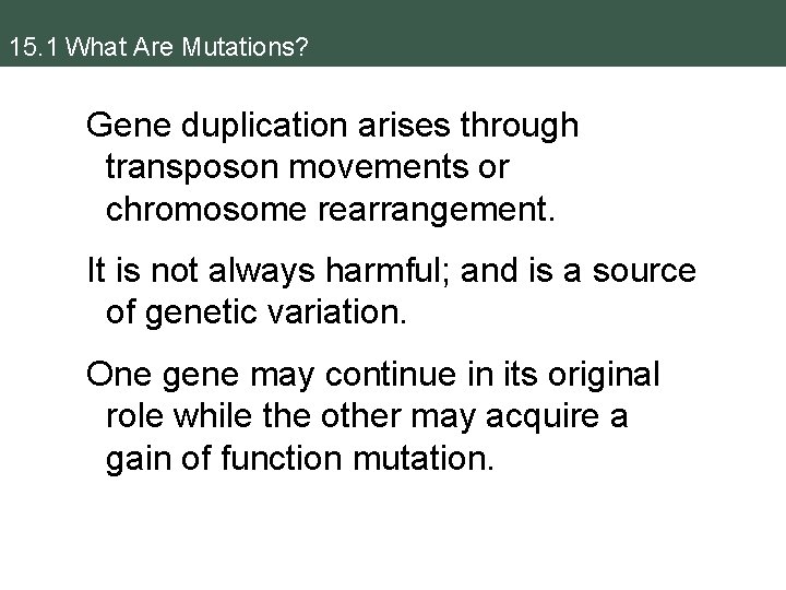 15. 1 What Are Mutations? Gene duplication arises through transposon movements or chromosome rearrangement.