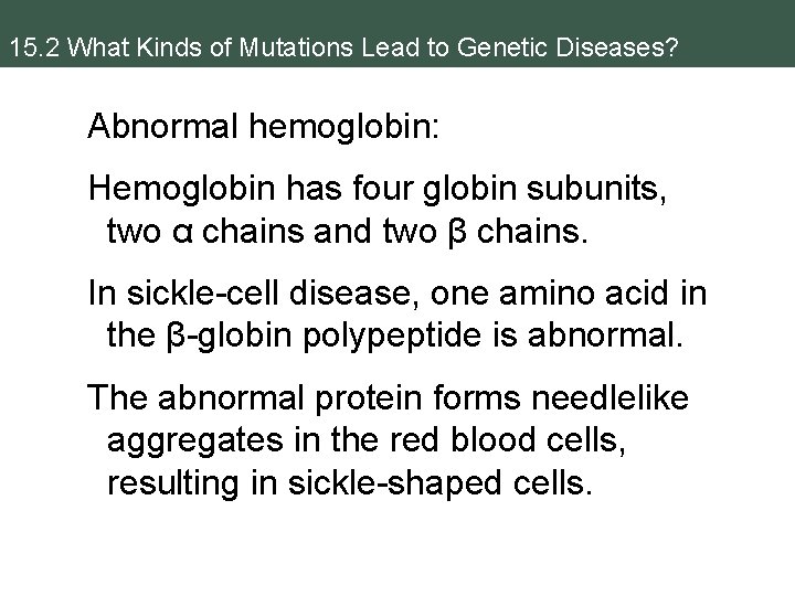 15. 2 What Kinds of Mutations Lead to Genetic Diseases? Abnormal hemoglobin: Hemoglobin has