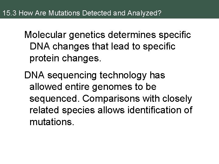 15. 3 How Are Mutations Detected and Analyzed? Molecular genetics determines specific DNA changes