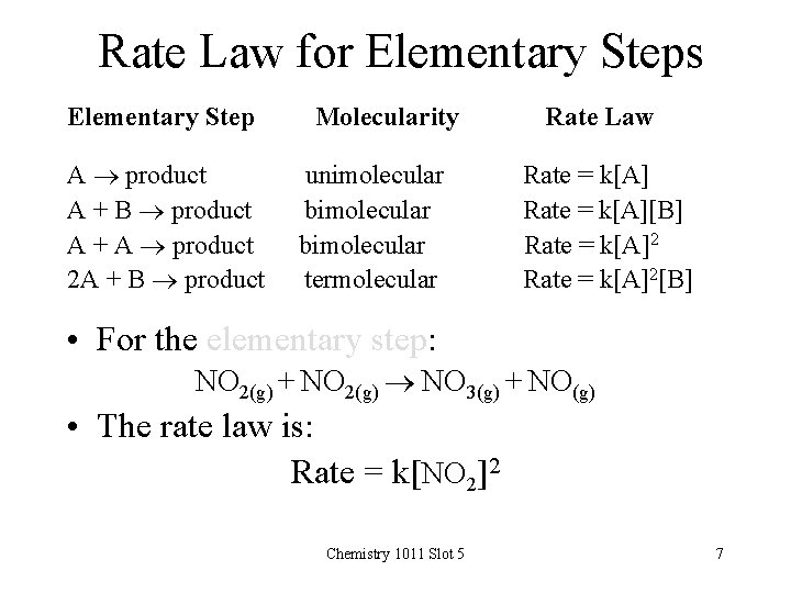 Rate Law for Elementary Steps Elementary Step A product A + B product A