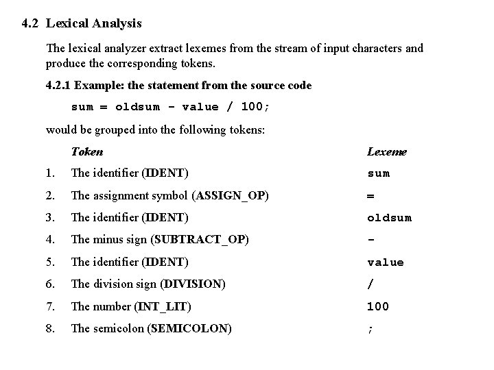 4. 2 Lexical Analysis The lexical analyzer extract lexemes from the stream of input