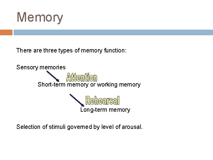 Memory There are three types of memory function: Sensory memories Short-term memory or working