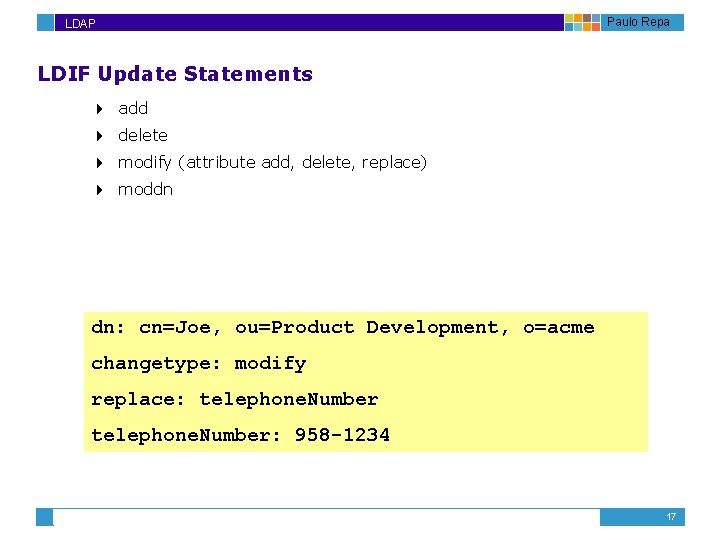 LDAP Paulo Repa LDIF Update Statements 4 add 4 delete 4 modify (attribute add,