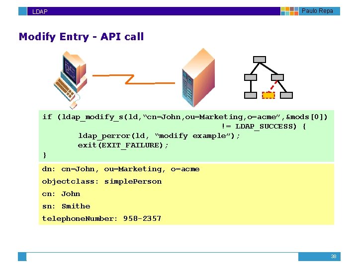 LDAP Paulo Repa Modify Entry - API call if (ldap_modify_s(ld, “cn=John, ou=Marketing, o=acme”, &mods[0])