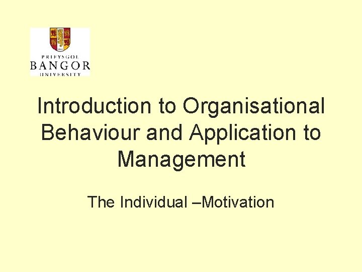 Introduction to Organisational Behaviour and Application to Management The Individual –Motivation 