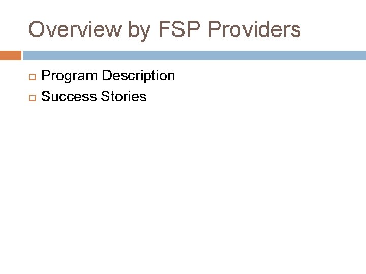 Overview by FSP Providers Program Description Success Stories 