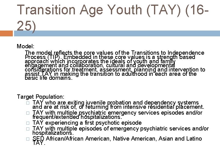 Transition Age Youth (TAY) (1625) Model: The model reflects the core values of the