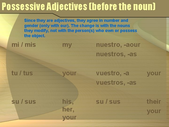 Possessive Adjectives (before the noun) Since they are adjectives, they agree in number and