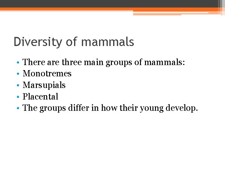 Diversity of mammals • • • There are three main groups of mammals: Monotremes