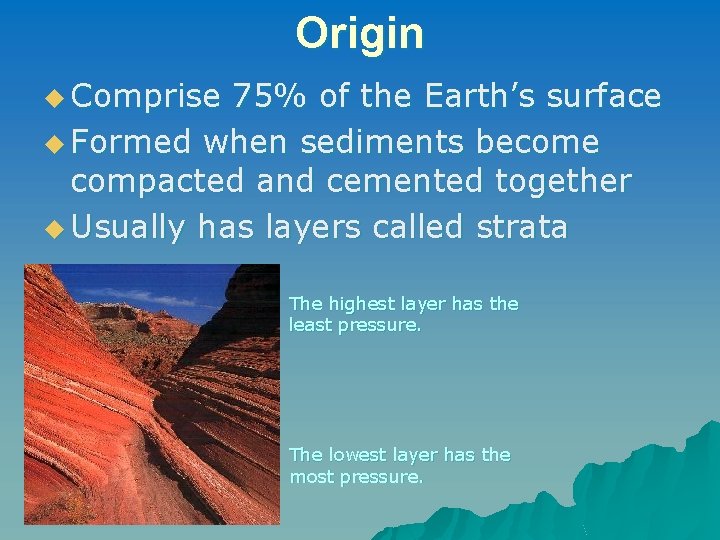 Origin u Comprise 75% of the Earth’s surface u Formed when sediments become compacted