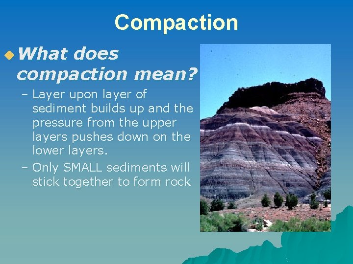 Compaction u What does compaction mean? – Layer upon layer of sediment builds up