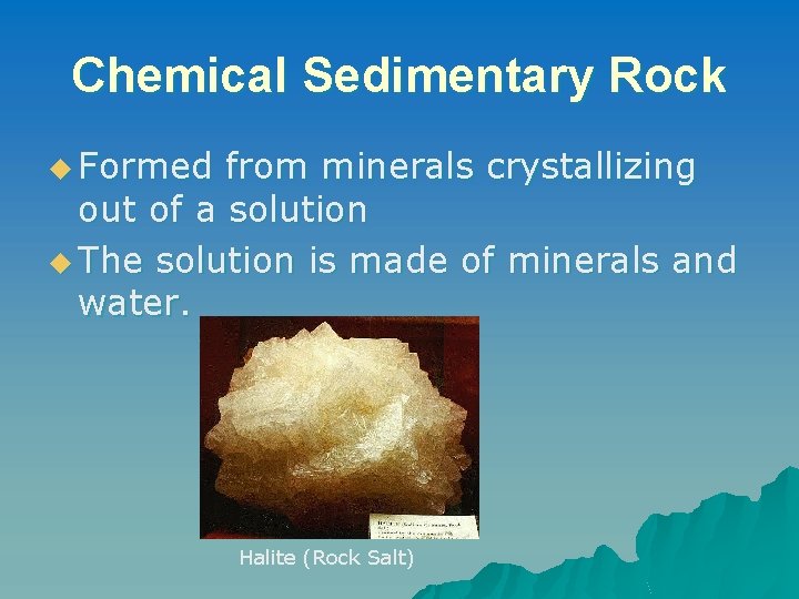 Chemical Sedimentary Rock u Formed from minerals crystallizing out of a solution u The