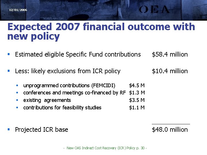 12/01/2006 Expected 2007 financial outcome with new policy § Estimated eligible Specific Fund contributions