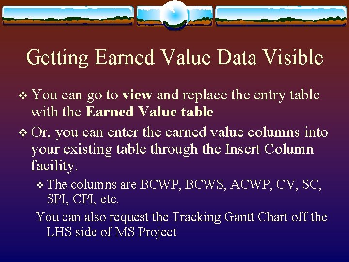 Getting Earned Value Data Visible v You can go to view and replace the