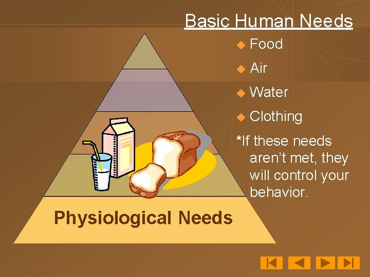 Basic Human Needs u Food u Air u Water u Clothing *If these needs